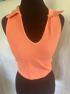 Nikibiki Coral Sleeveless Ribbed V-Neck Tank with Collar
